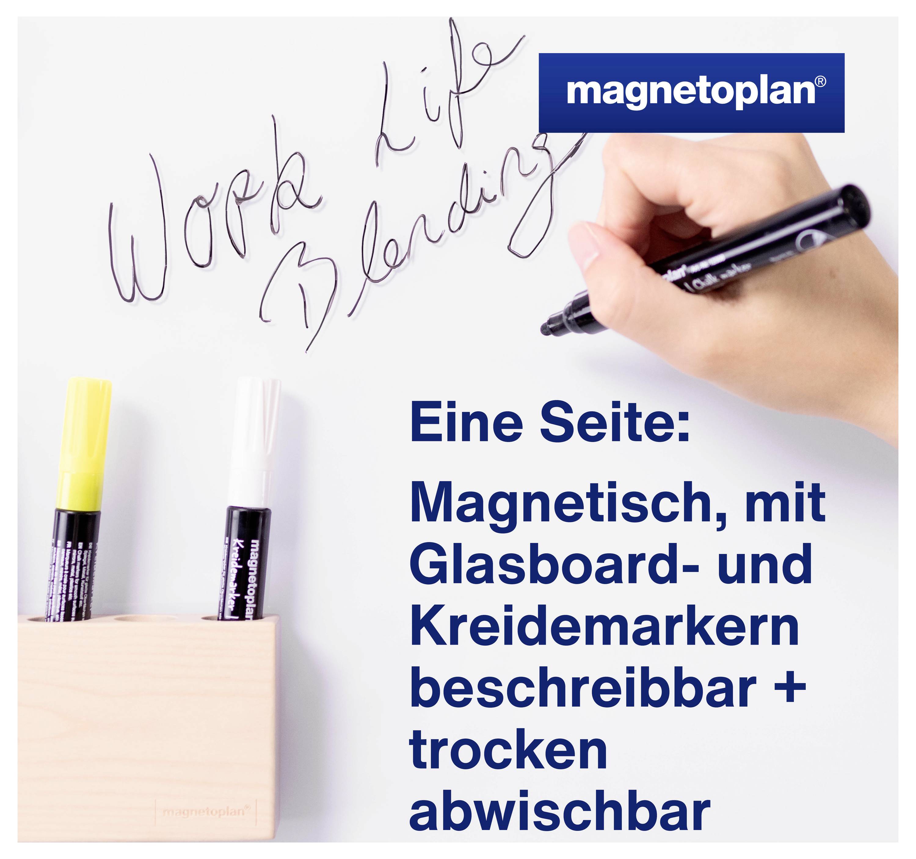 Osoba piše "Work Life Blending" na bijelu ploču crnim markerom. Dva markera su u drvenoj posudi. Desno gore piše "magnetoplan".