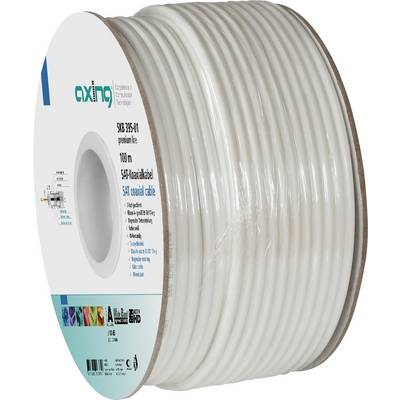 Na motki bijelog koaksijnog kabela, dugog 100 m, ispisano je 'axing Coaxial Cable SKB 395-01'. Tekst ističe 5-slojna zaštita.