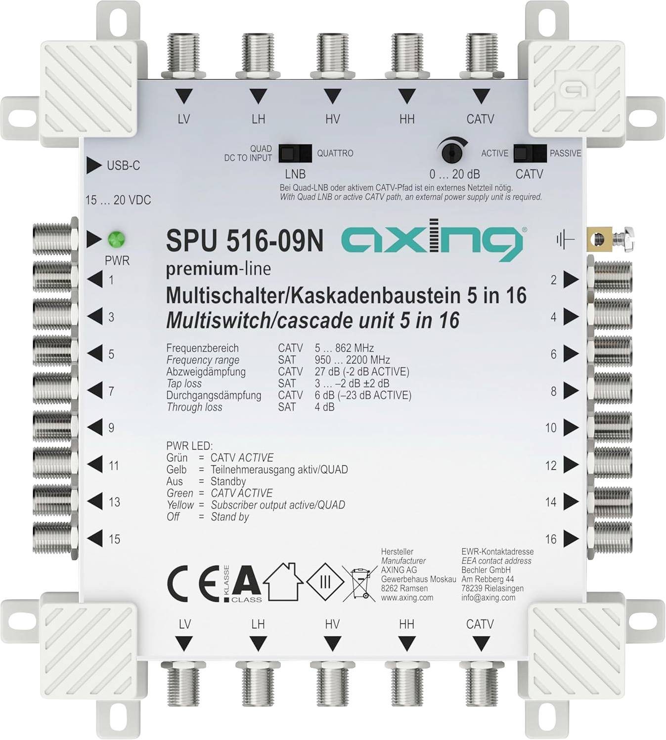Axing SPU51609N Satelliet multiswitch Ingangen (satelliet): 5 (4 satelliet / 1 terrestrisch) Aantal gebruikers: 16