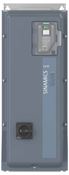 Plava industrijska mašina označena s 'SINAMICS G220' s digitalnim zaslonom i kontrolnom skalom, koristi se za napredne sustave upravljanja motorima.