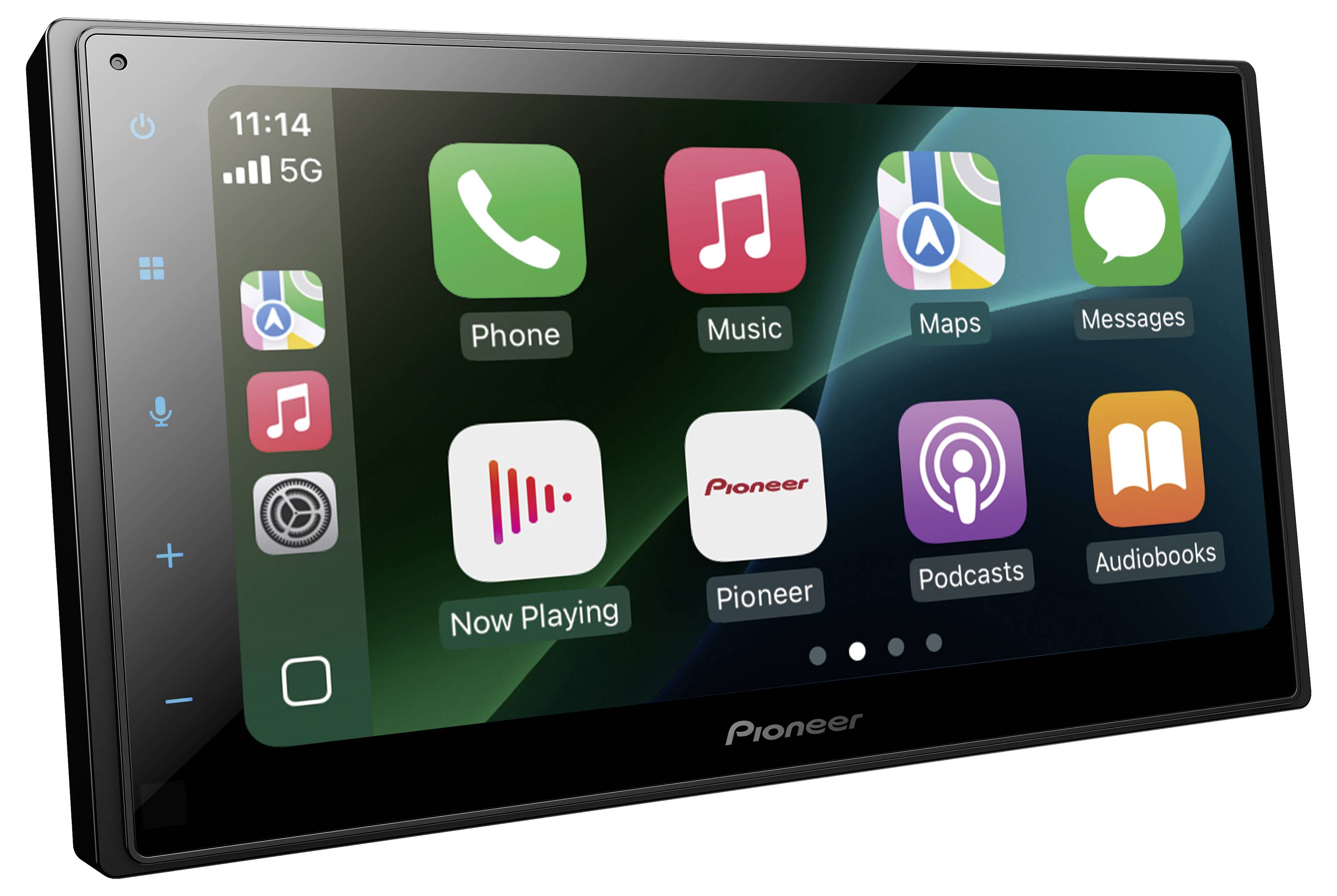 Prikaz automobilskog stereo uređaja koji prikazuje ikone aplikacija uključujući Telefon, Glazbu, Karte, Poruke, Sada se reprodukuje, Podcaste i Audioknige.