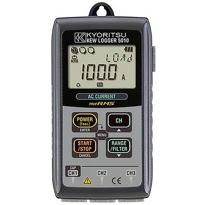 Ručni uređaj 'Kyoritsu KEW Logger 5010' koji prikazuje 100,0 A za izmjeničnu struju, s gumbima za napajanje, odabir kanala, pokretanje/zaustavljanje i raspon/filter.