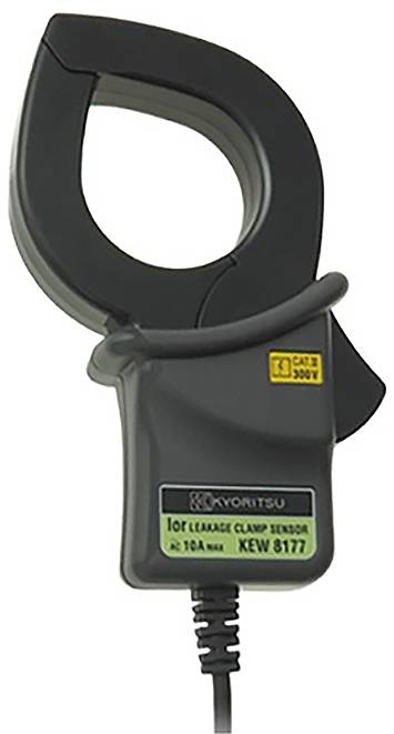 Senzor strujnih klešta za mjerenje električne struje; označen kao 'Kyoritsu IoT Leakage Clamp Sensor, 10A Max, KEW 8177,' sa sigurnosnom procjenom 'CAT 3 300V.'