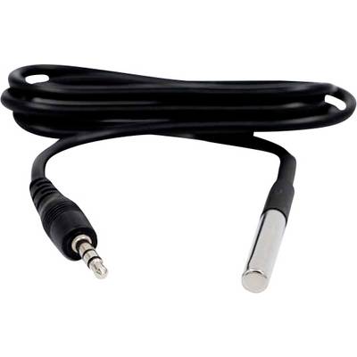 'Crni kabel temperaturnog senzora sa metalnom sondom na jednom kraju i priključkom od 3,5mm na drugom kraju, namotан na bijeloj pozadini.'