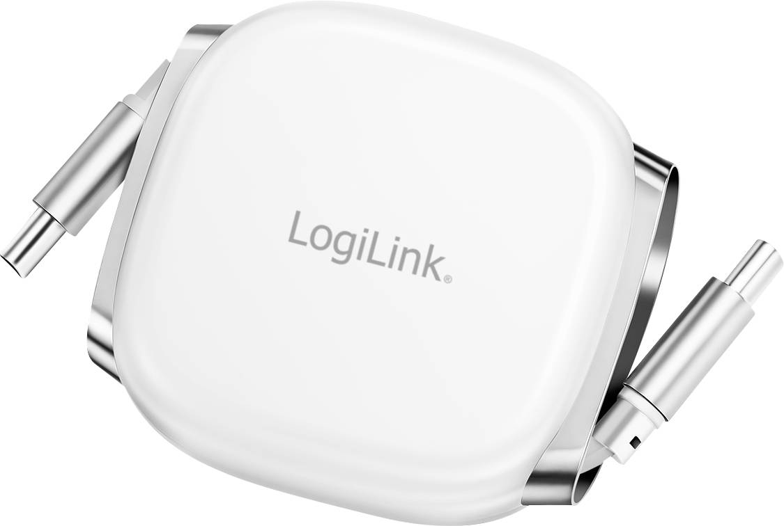 Bijeli LogiLink povlačni USB-C na USB kabel s vidljivim konektorima na obje strane, dizajniran za kompaktno skladištenje i jednostavnu upotrebu.