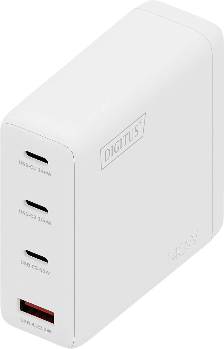 Bijeli uređaj za punjenje označen sa 'DIGITUS 140W' ima tri USB-C priključka i jedan USB-A priključak s različitim izlaznim snagama.