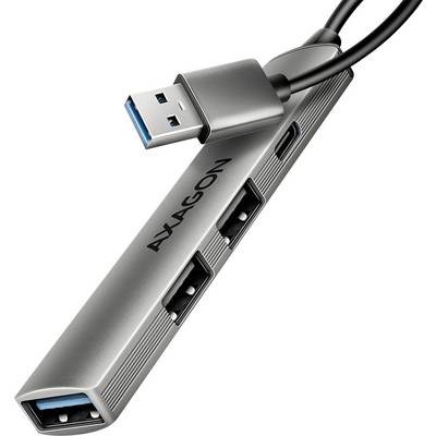 Metalna USB hub sa četiri USB priključka označena sa 'Axagon', povezana na kabel sa USB utikačem.