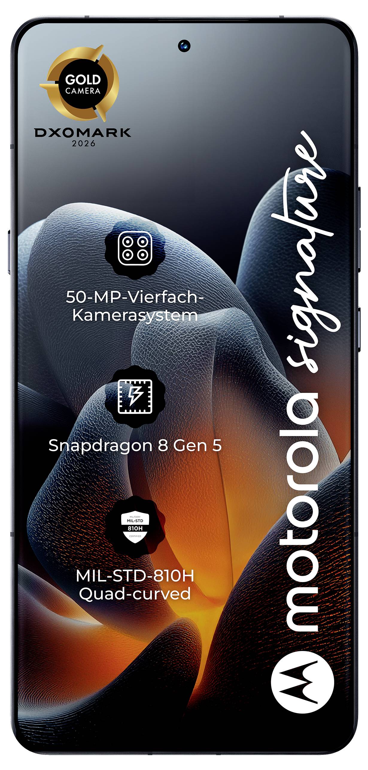 Pametni telefon prikazuje značajke: 50-MP quad kamera sistem, Snapdragon 8 Gen 5, MIL-STD-810H zakrivljeni ekran sa četiri strane, i Motorola brend.