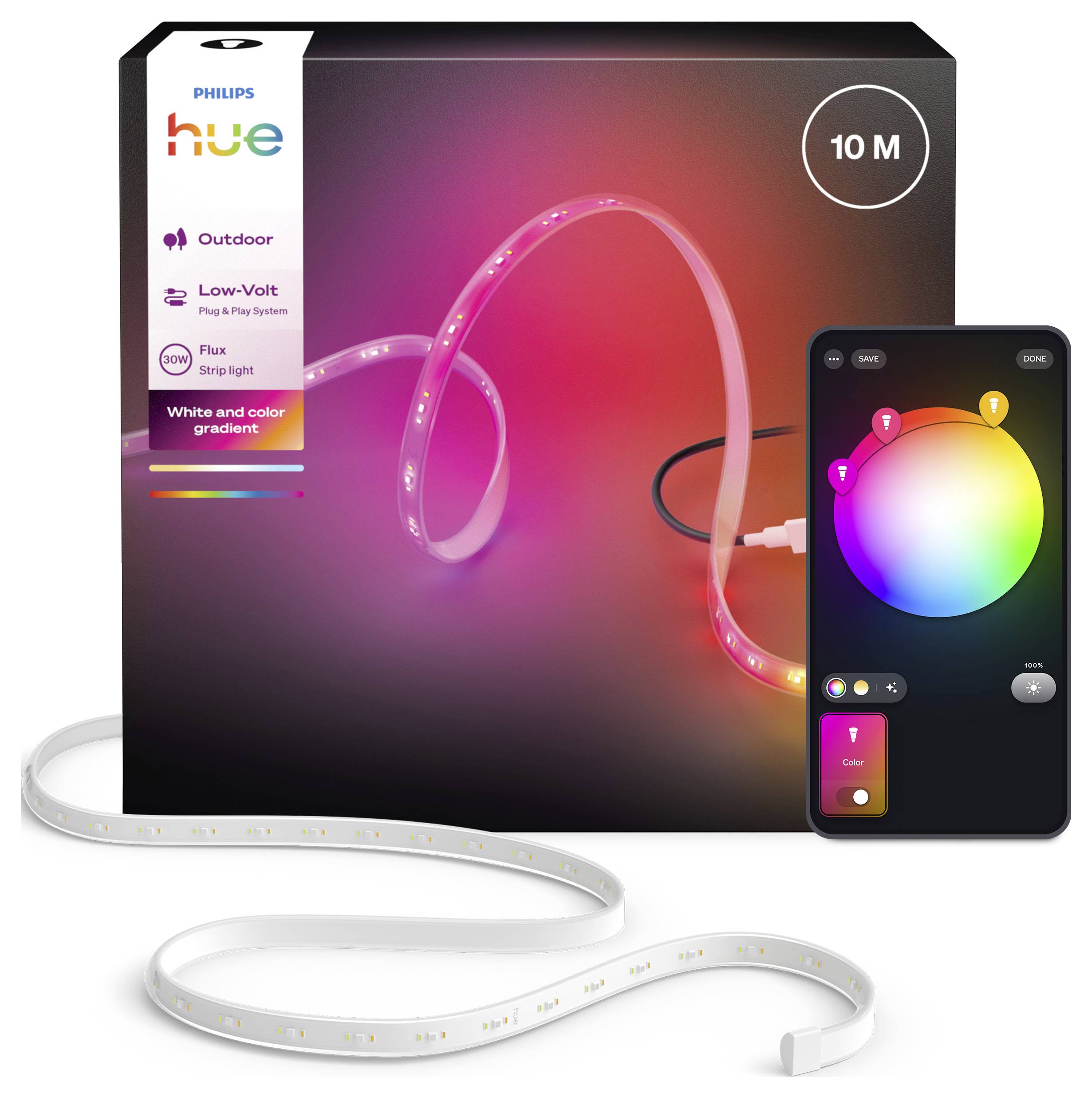 Philips Hue 10M vanjska traka sa svjetlima s kontrolom aplikacije kotača boja, prikazujući prilagodljivo osvjetljenje u različitim bojama.