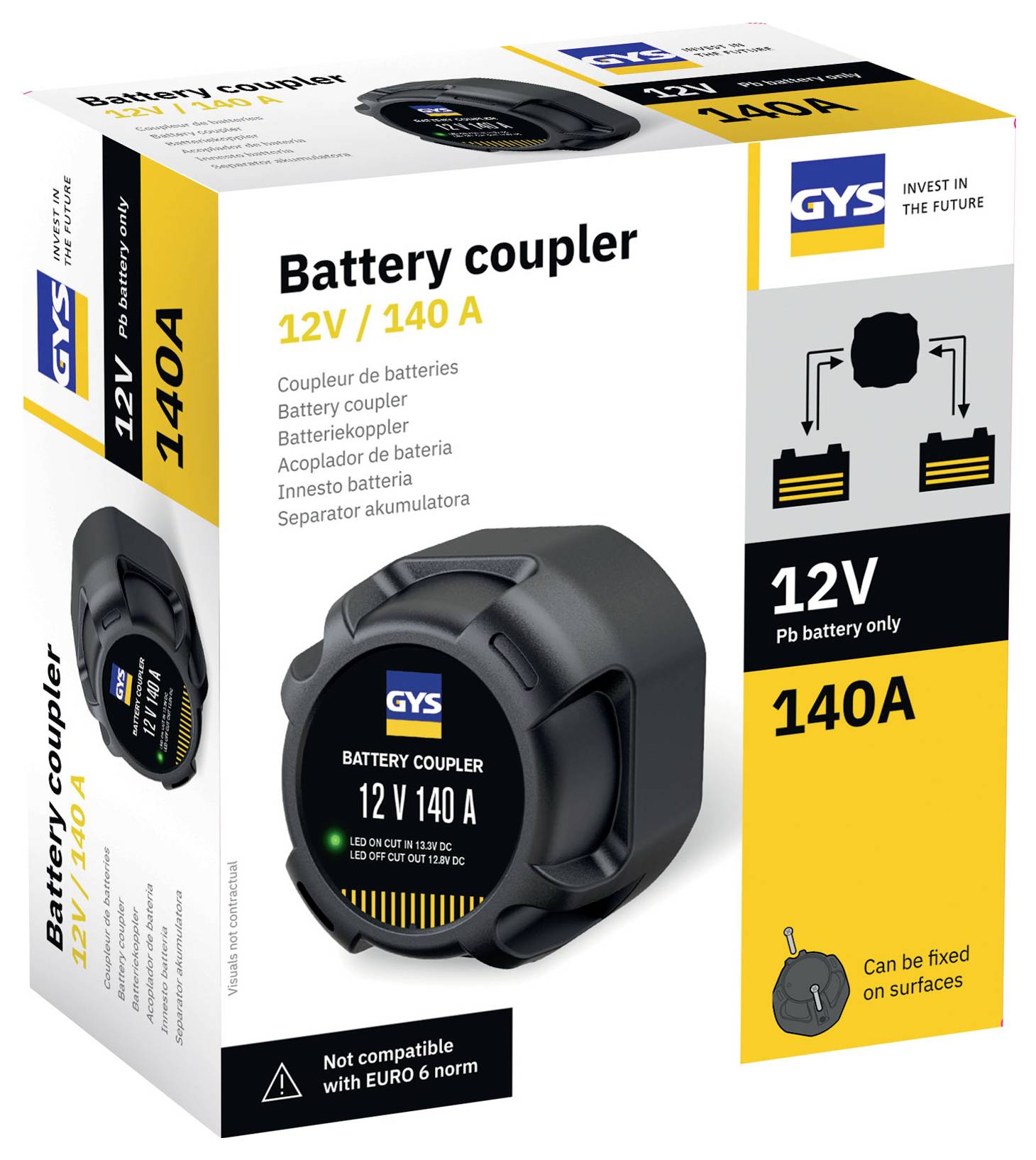 'Spojka baterije 12V/140A, nije kompatibilna sa EUR6 normom.' Kutija prikazuje proizvod sa specifikacijama i logotipom marke.