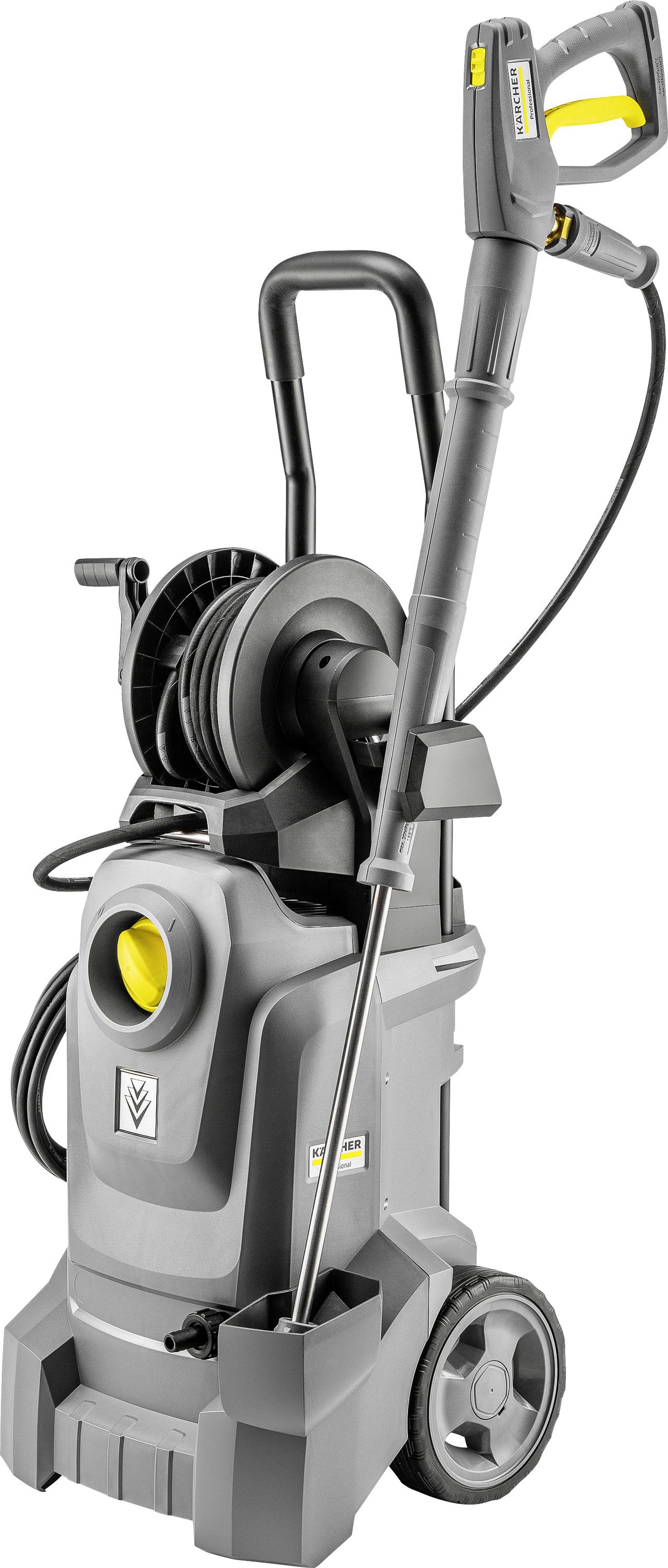 Sivi prijenosni visokotlačni čistač na kotačima s namotuvanom crijevo i pričvršćenom sprej pištoljem. Jedinica je portabilna i projektirana za vanjske čistilačke poslove.