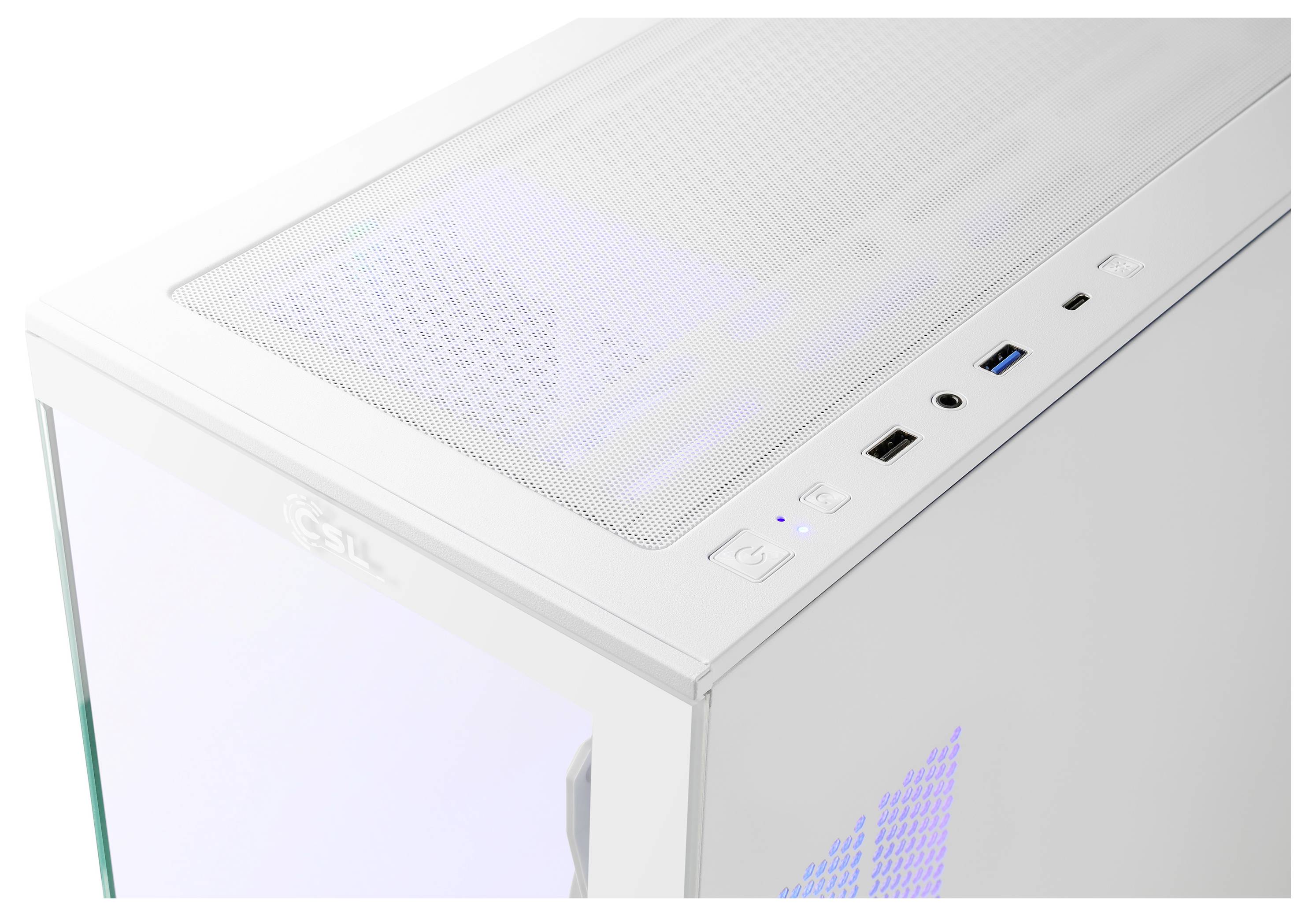 Slika prikazuje pogled odozgo na bijelo kućište računala s mrežastim panelima, sa USB priključcima, gumbom za napajanje i LED indikatorima.