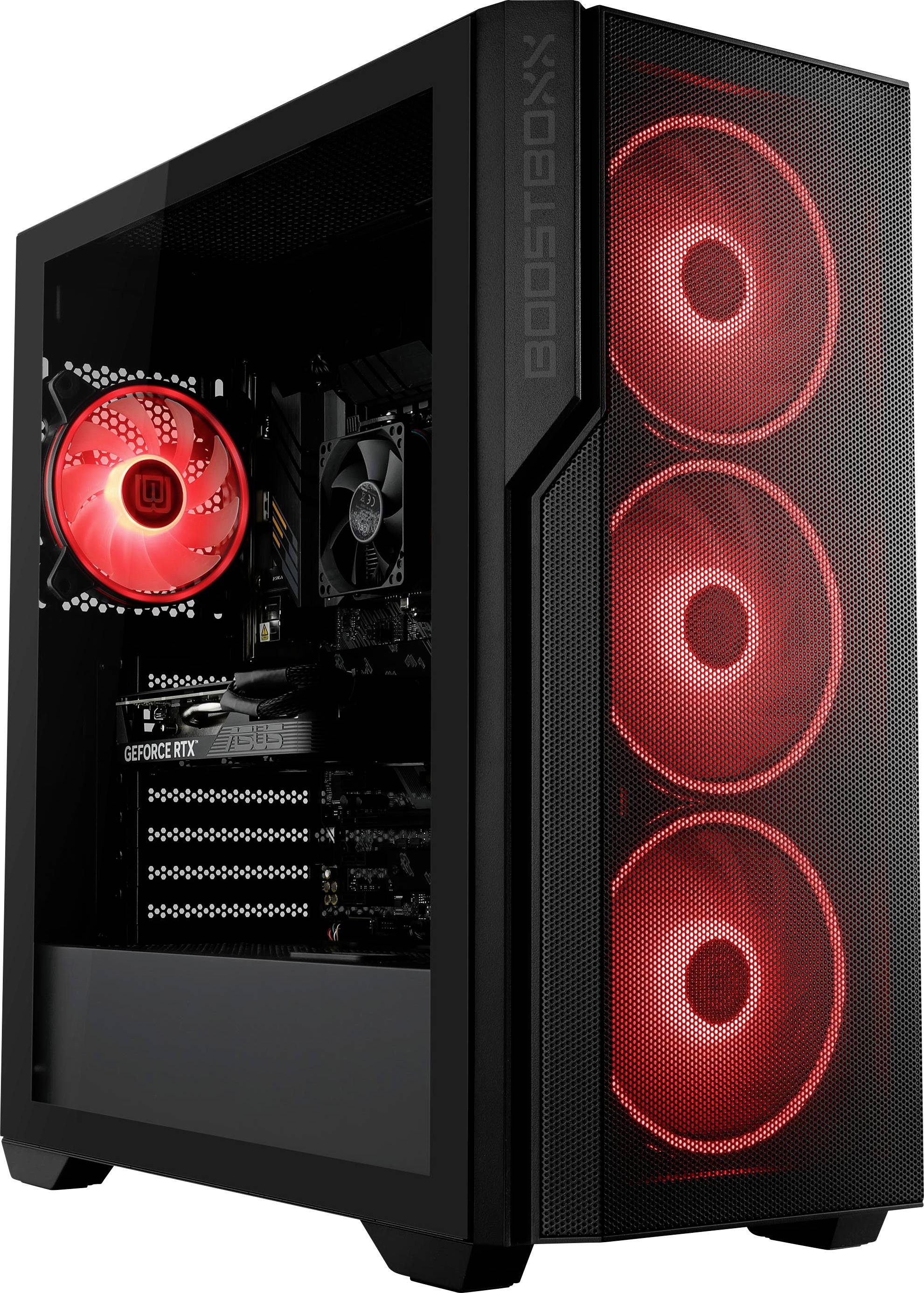 Elegantno gaming računalo s prozirnim bočnim panelom koji prikazuje unutarnje komponente i crvenim LED osvjetljenim ventilatorima na prednjoj i stražnjoj strani.