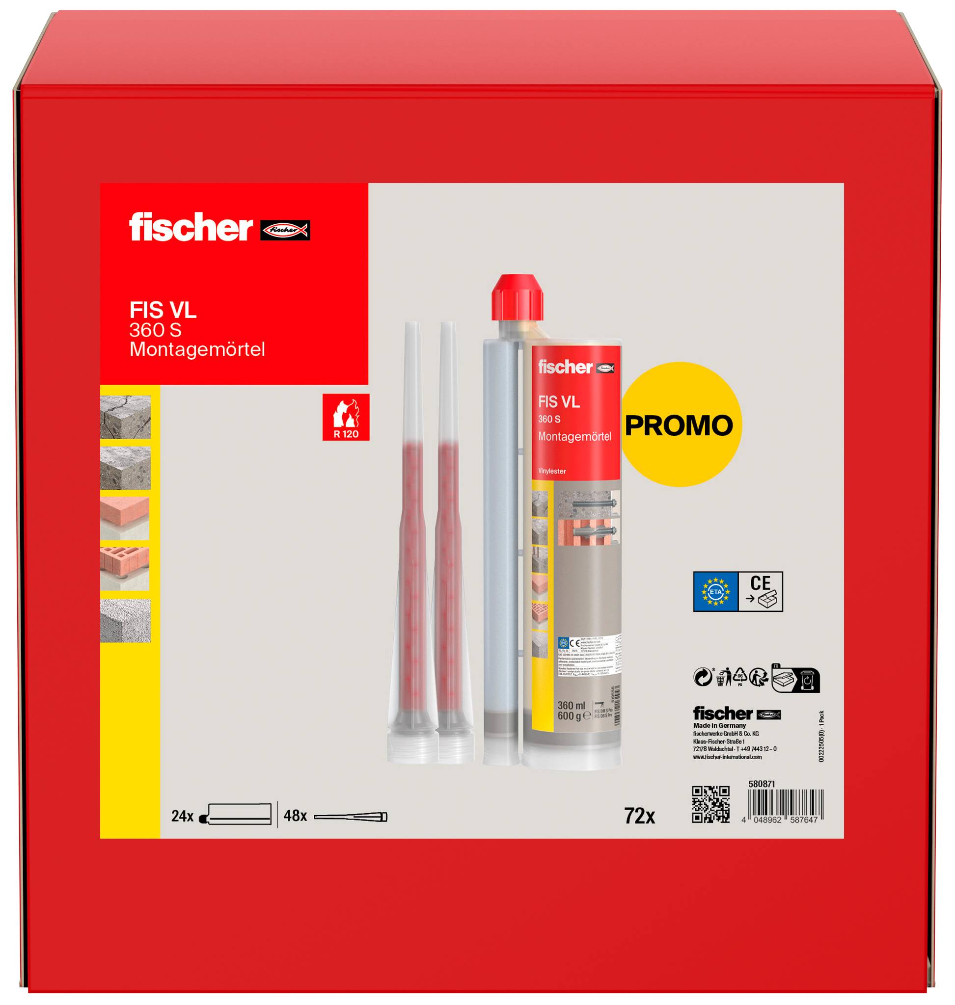 Mortar za montažu Red Fischer FIS VL 360 S promacijski paket s patronom, dvije mlaznice i natpisom 'PROMO' na prednjoj strani.