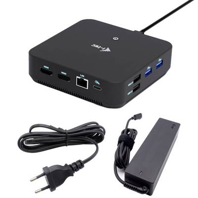 Crna AV kutija za hvatanje medija s različitim priključcima, uključujući HDMI, LAN i USB, zajedno s kablovima za napajanje i адаптером.