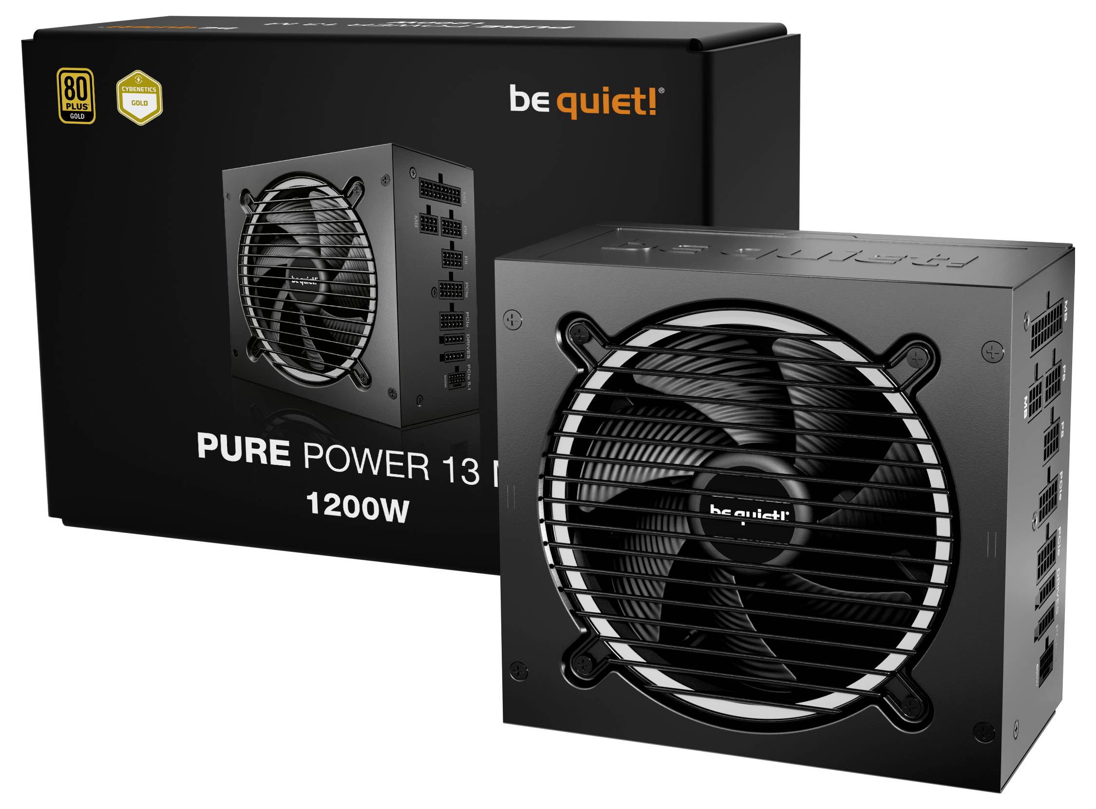 Napajalni uređaj s velikim ventilatorom, označen s "be quiet! PURE POWER 13 FM 1200W", ispred kutije koja prikazuje isti proizvod.