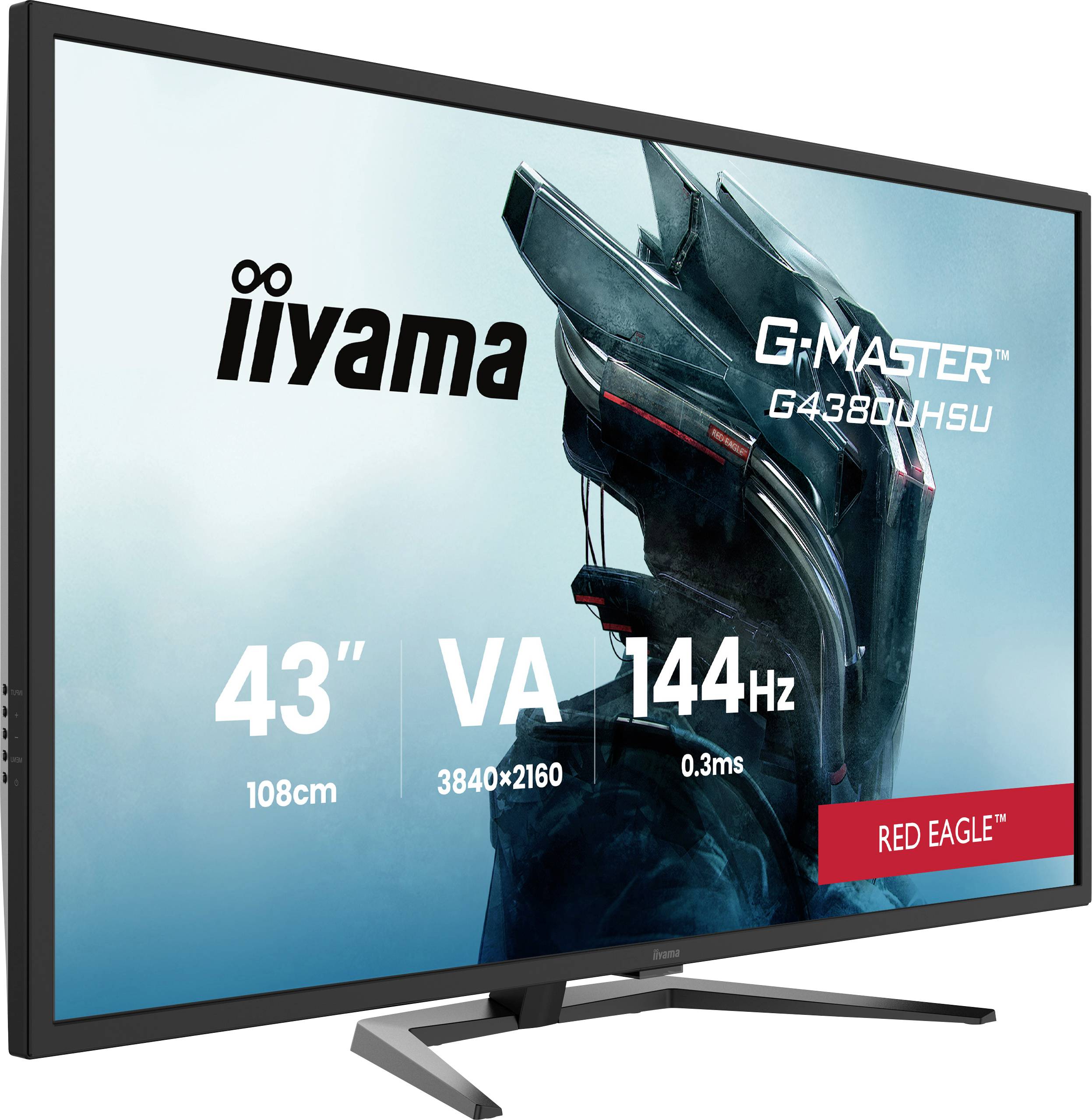 Iiyama 43-inčni G-Master monitor s 4K rezolucijom i 144Hz brzinom osvežavanja. Tekst prikazuje 'VA 3840x2160 0.3ms' i 'Red Eagle'.