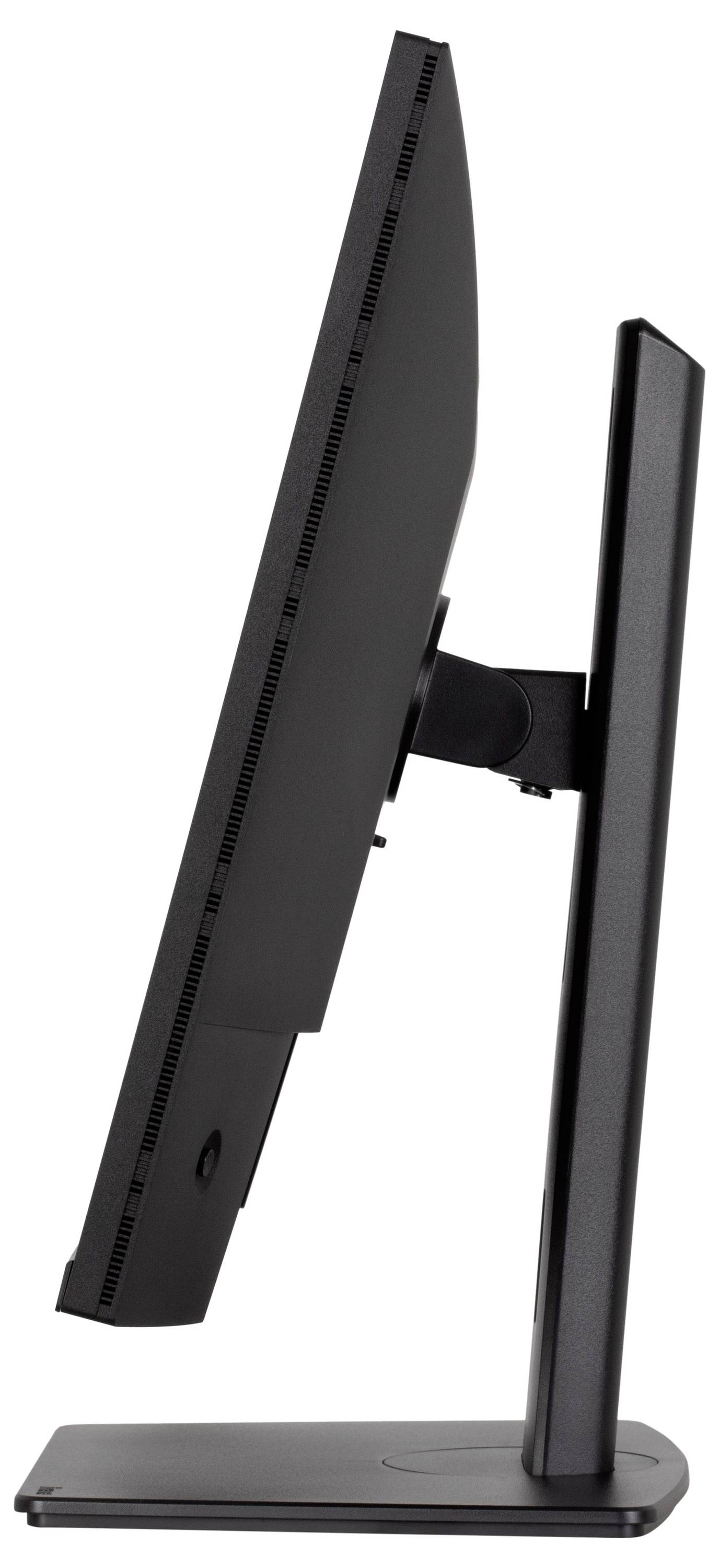 Bočni pogled na vitak računalni monitor s bijelim postoljem, koji naglašava njegov elegantan dizajn i regulacijsku mogućnost nagiba.