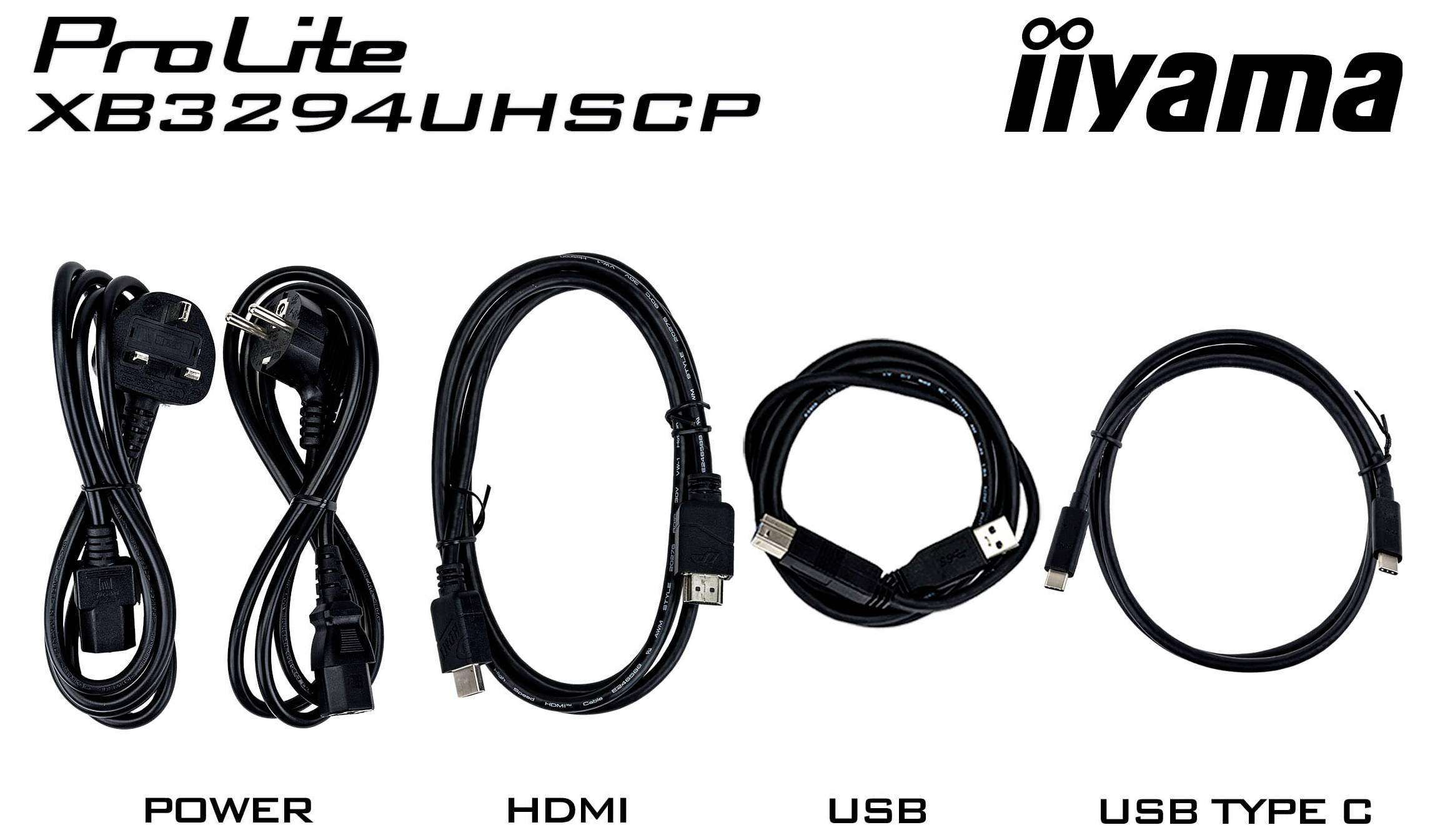 Kablovi za iiyama ProLite XB3294UHSCP monitor uključuju napajanje, HDMI, USB i USB Type-C, organizirani slijeva nadesno.