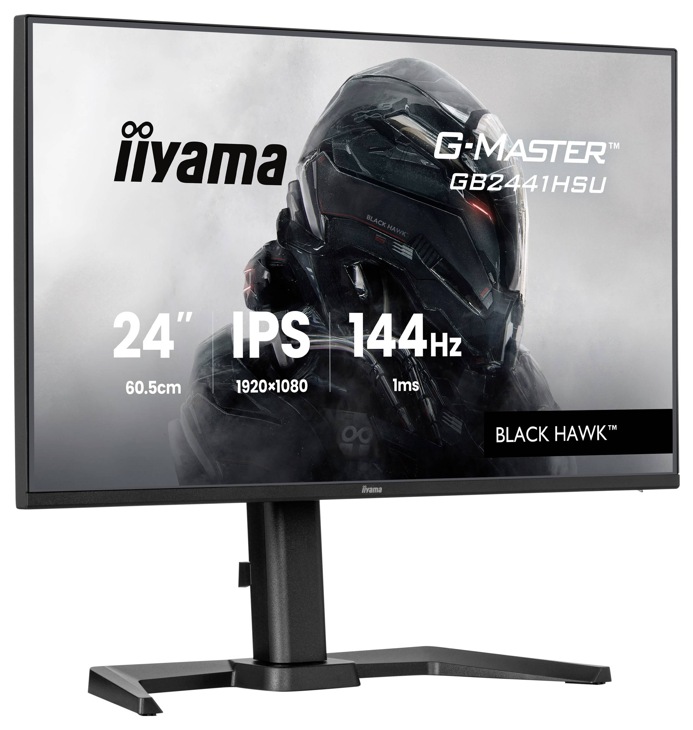'IIYAMA G-MASTER GB2471HS monitor' prikazan vertikalno. Značajke uključuju veličinu od 24 inča, Fast IPS, brzinu osvježavanja od 240Hz, vrijeme odgovora od 0,3ms, NVIDIA G-SYNC, i branding 'Red Eagle'.