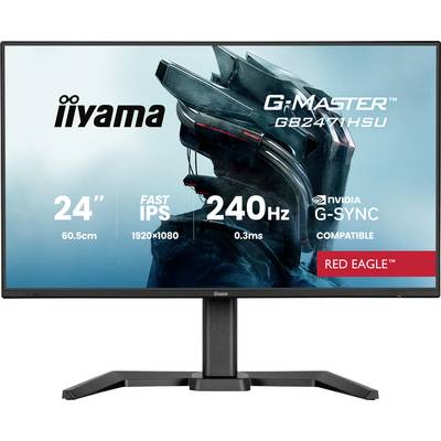 Prikaz monitora s specifikacijama proizvoda: 'iiyama G-Master GB247YHSU', 24-inčni zaslon, Fast IPS, 1920x1080 rezolucija, 240Hz brzina osvježavanja, 0.3ms vrijeme odziva, kompatibilan s NVIDIA G-SYNC, marka 'Red Eagle'.
