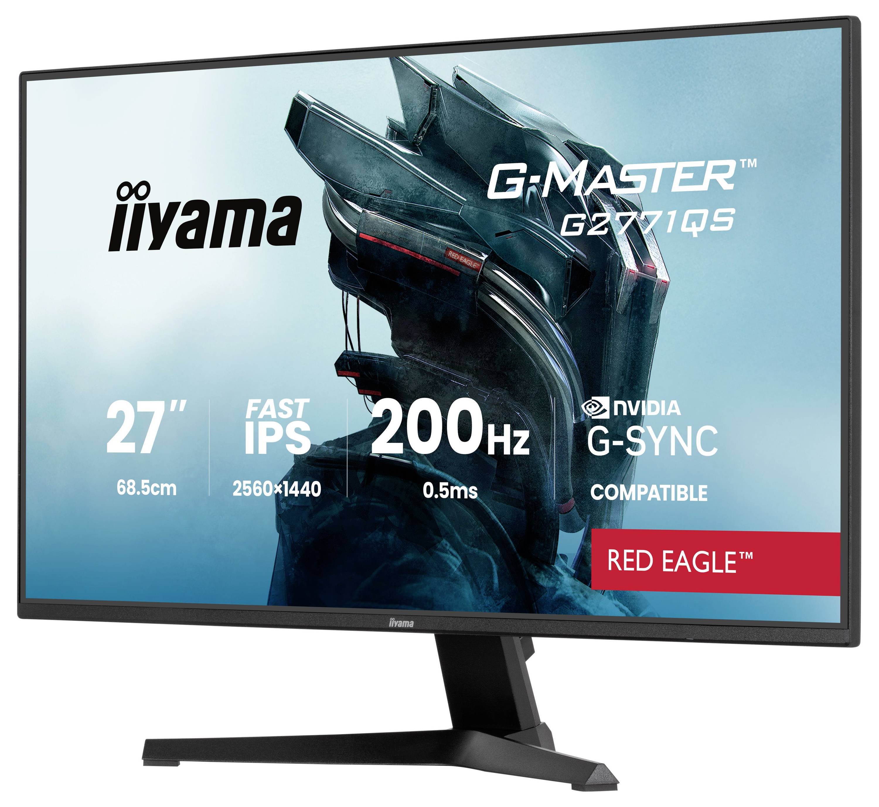 Monitor 'Iiyama G-Master G2771QS' prikazuje futuristički lik s kacigom na ekranu. Značajke: 27-inčni, rezolucija 2560x1440, 200Hz, brzi IPS, i kompatibilan s NVIDIA G-SYNC-om.
