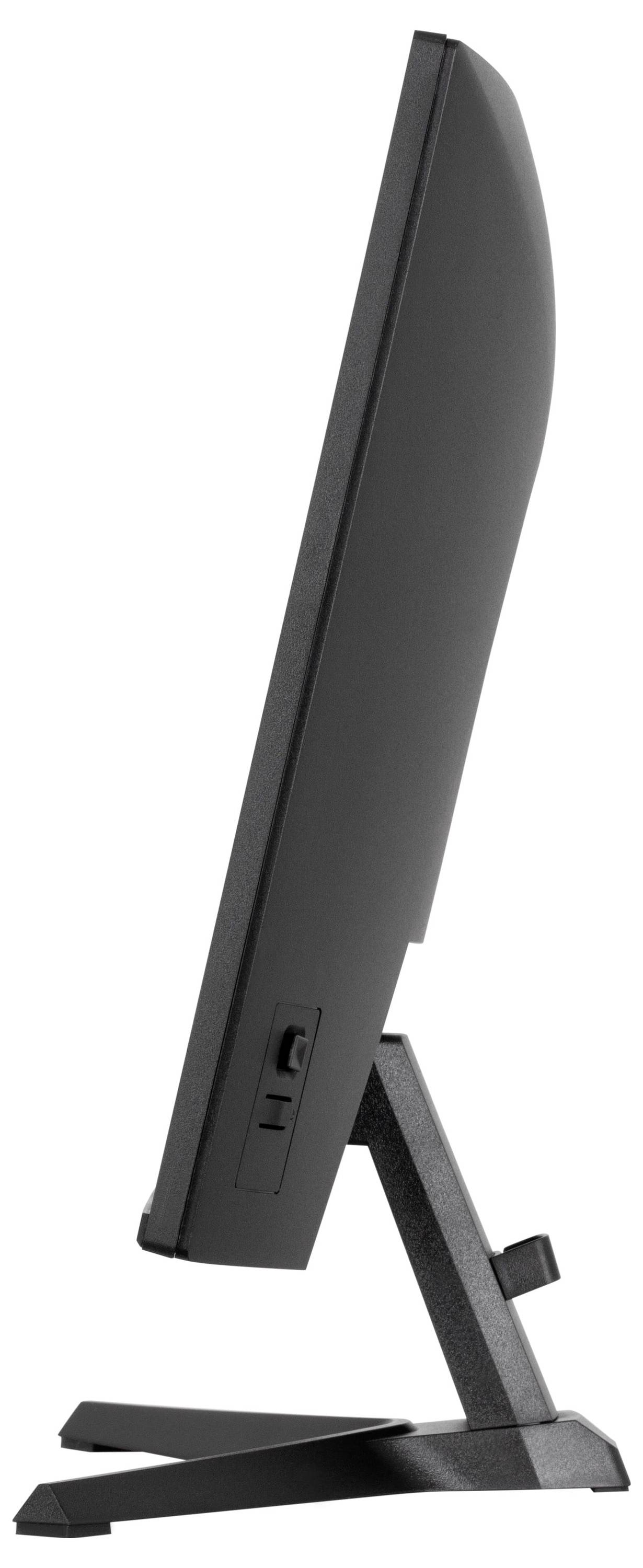 Pogled sa strane na ugledan, moderan računalni monitor s regulacijskim stalkom na bijeloj podlozi.
