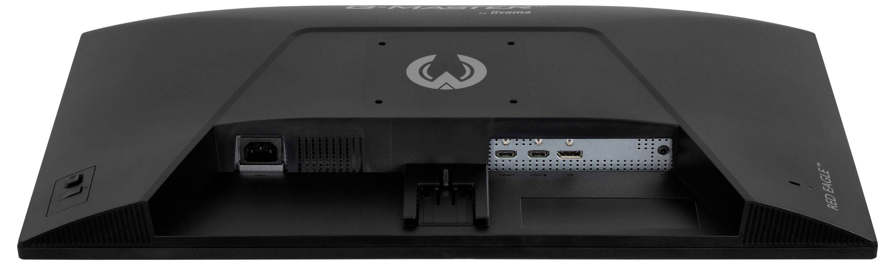 Pogled s poleđine crnog gaming monitora koji prikazuje njegove priključke, uključujući napajanje, HDMI i DisplayPort veze. Vidljiv je logotip proizvođača.