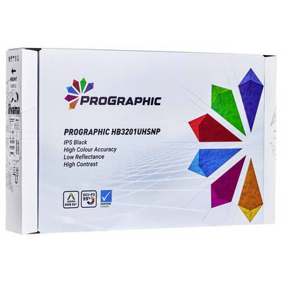 Monitor 'PROGRAPHIC HB3201UHSNP' sa živahnim geometrijskim oblicima na kutiji. Ključne značajke: IPS crna, visoka točnost boja, niska refleksija, visok kontrast.