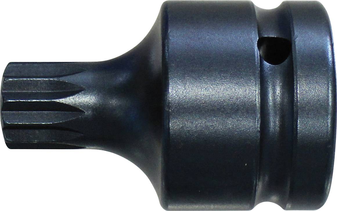 Crni metalni utičnicki ključ sa zupcima i sjajnim završetkom; dizajniran za upotrebu u automobilskim ili mehaničkim primjenama.