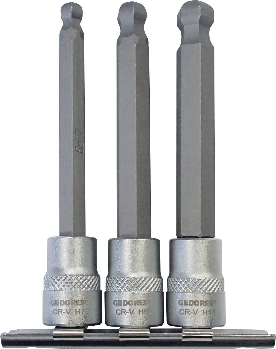 Tri sive heksagonalne nasadne bitove u držaču, označene sa 'GEDORE CR-V H7, H9, H11', postavljene uspravno.