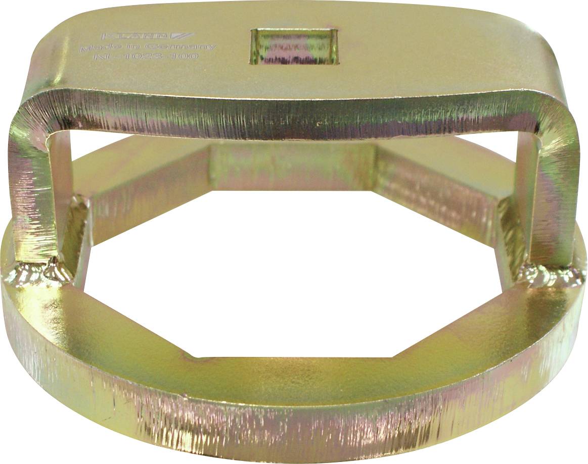 Metalni, heksagonalni alat sa nagnutim šipkama i pravokutnim otvorom na vrhu, prikazan na bijeloj podlozi.