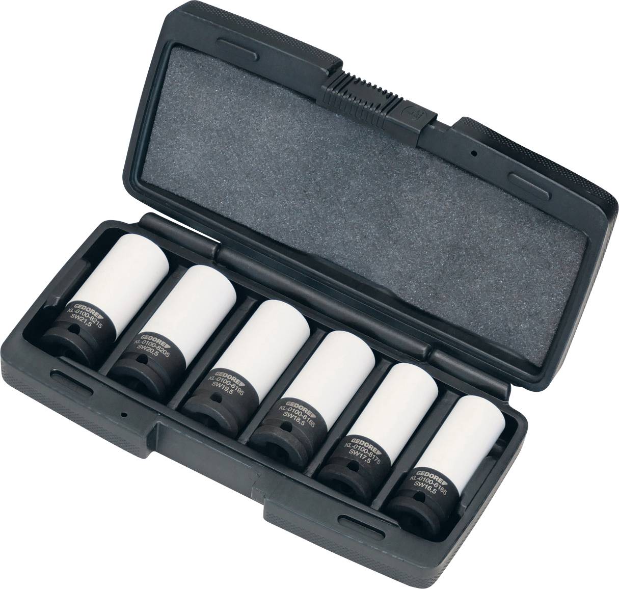 Crna plastična kutija sa šest bijelih nasadnih ključeva pažljivo raspoređenih u njoj.