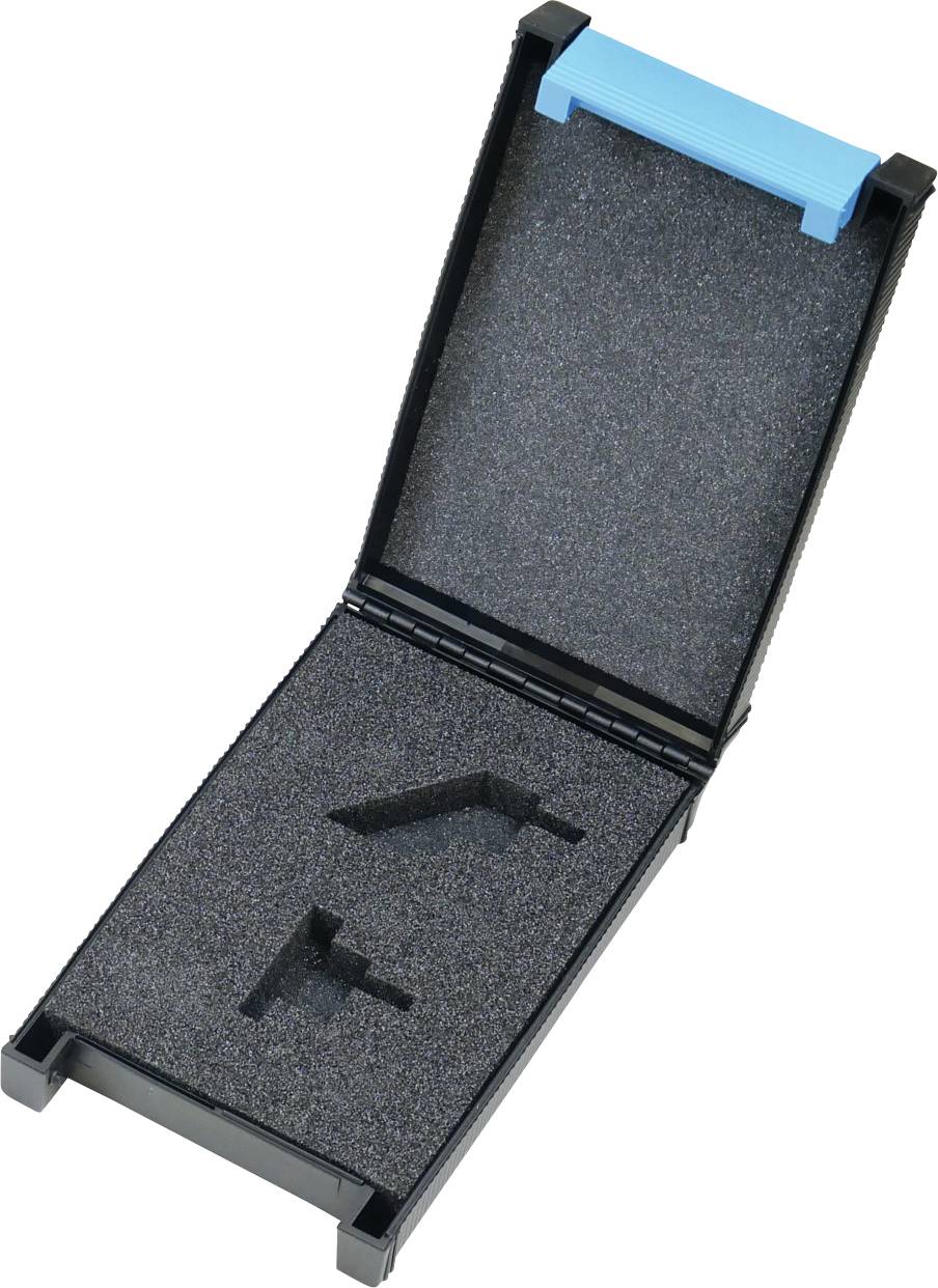 Crna plastična kutija s plavom ručkom, otvorena kako bi se pokazala pjena za jastucanje u njoj. Pjena ima izreške koje su dizajnirane da drže specifične alate ili predmete.