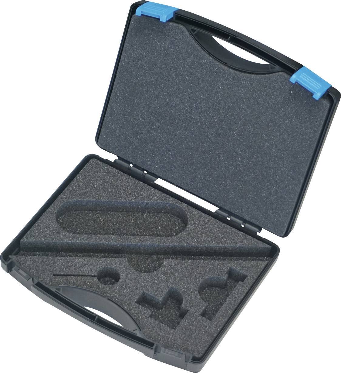 Otvoreni crni kofre za nošenje s prilagođenim umecima od pjene za organizaciju alata.