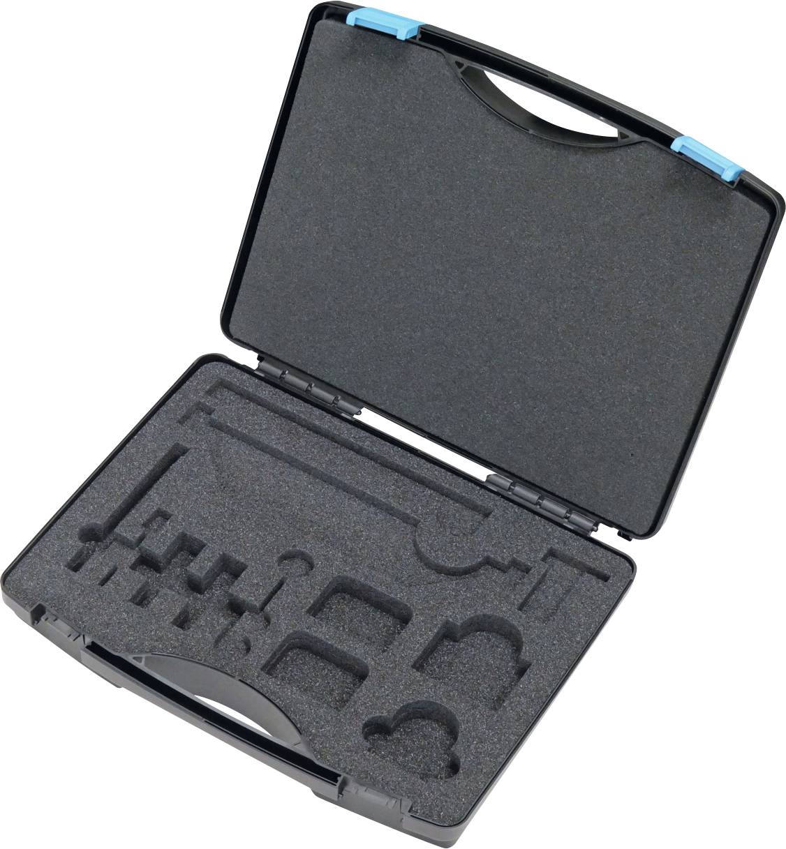 Otvorena crna kutija za transport s pjenastim umetkom koji ima izreze za pohranu alata ili opreme.