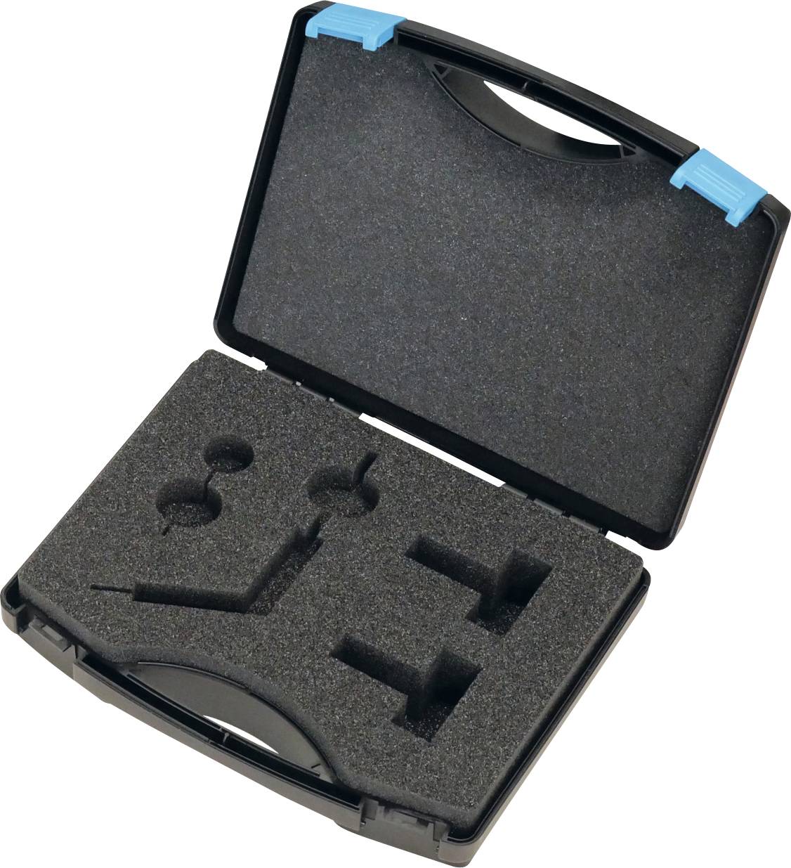 Otvorena crna transportna kutija s ručkom. Unutar nje, pjenasta podstava s prilagođenim izrezima za sigurno postavljanje specifičnih alata ili opreme.