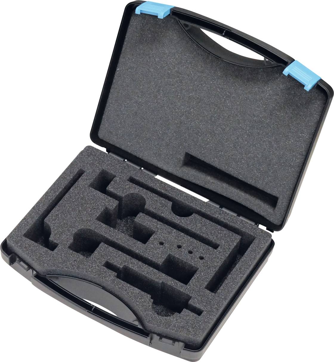 Crna kutija od pjene sa različitim izrezima za pohranu malih alata ili uređaja, otvorena sa plavim zatvaračima na kutovima.