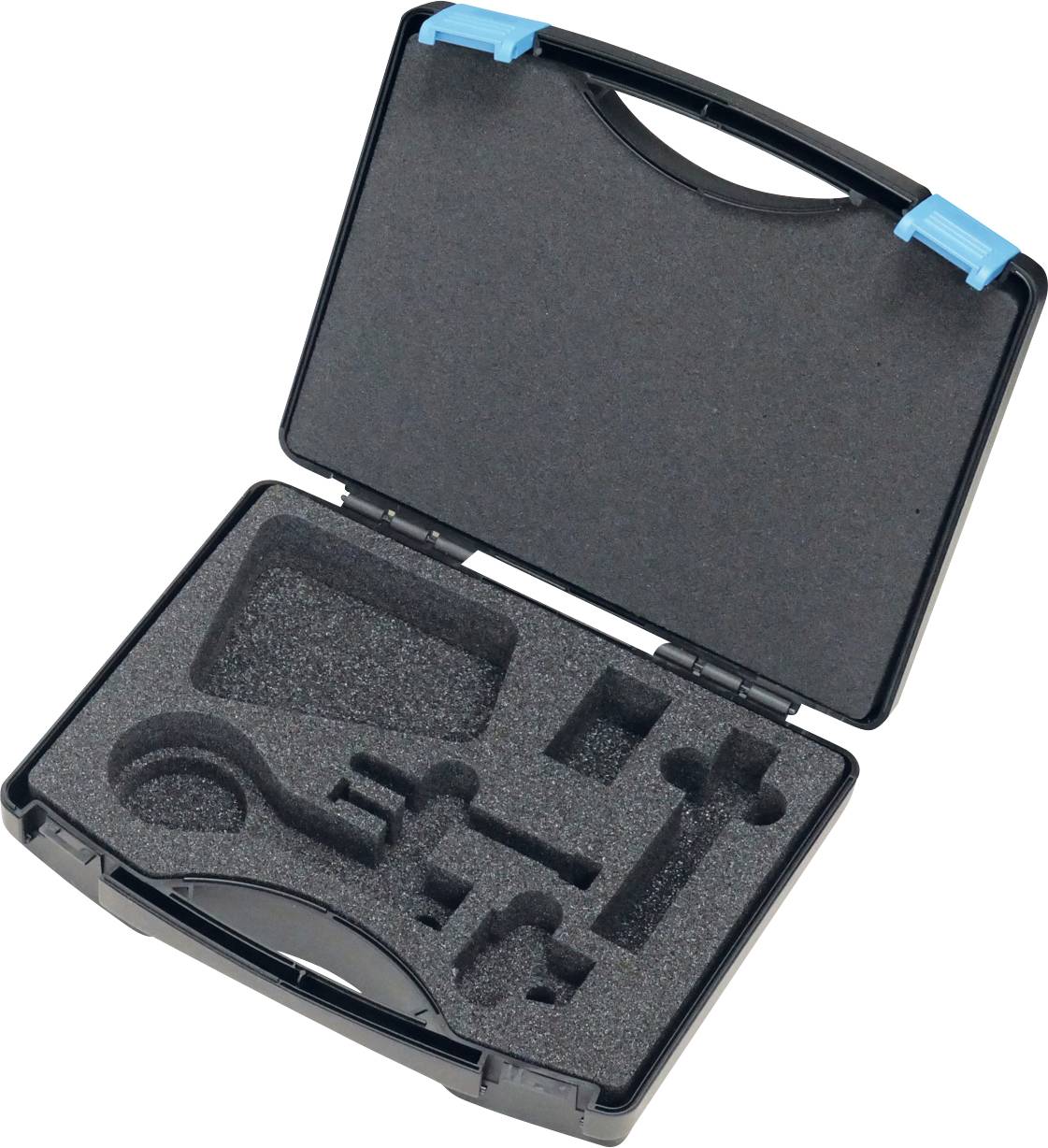 Otvorena crna transportna kutija s prilagođenim umecima od pjene, dizajnirana za sigurno držanje specifičnih alata ili opreme.