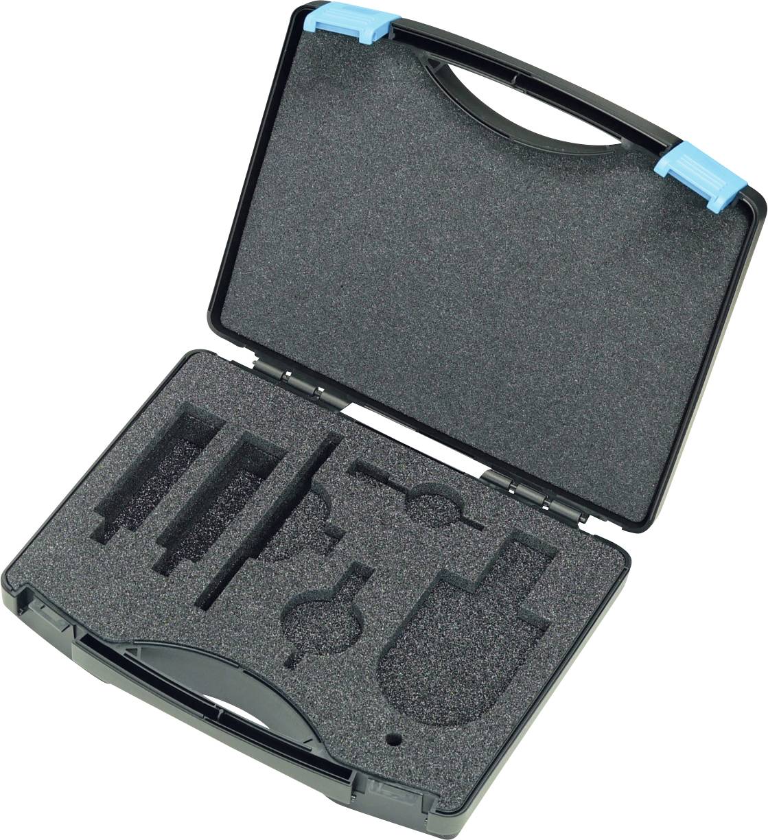 Otvoreni crni tvrdi kovčeg s penastim umetkom koji ima izrezane oblike namijenjene za holding raznih alata ili opreme. Kovčeg ima ručku i plave zamore.