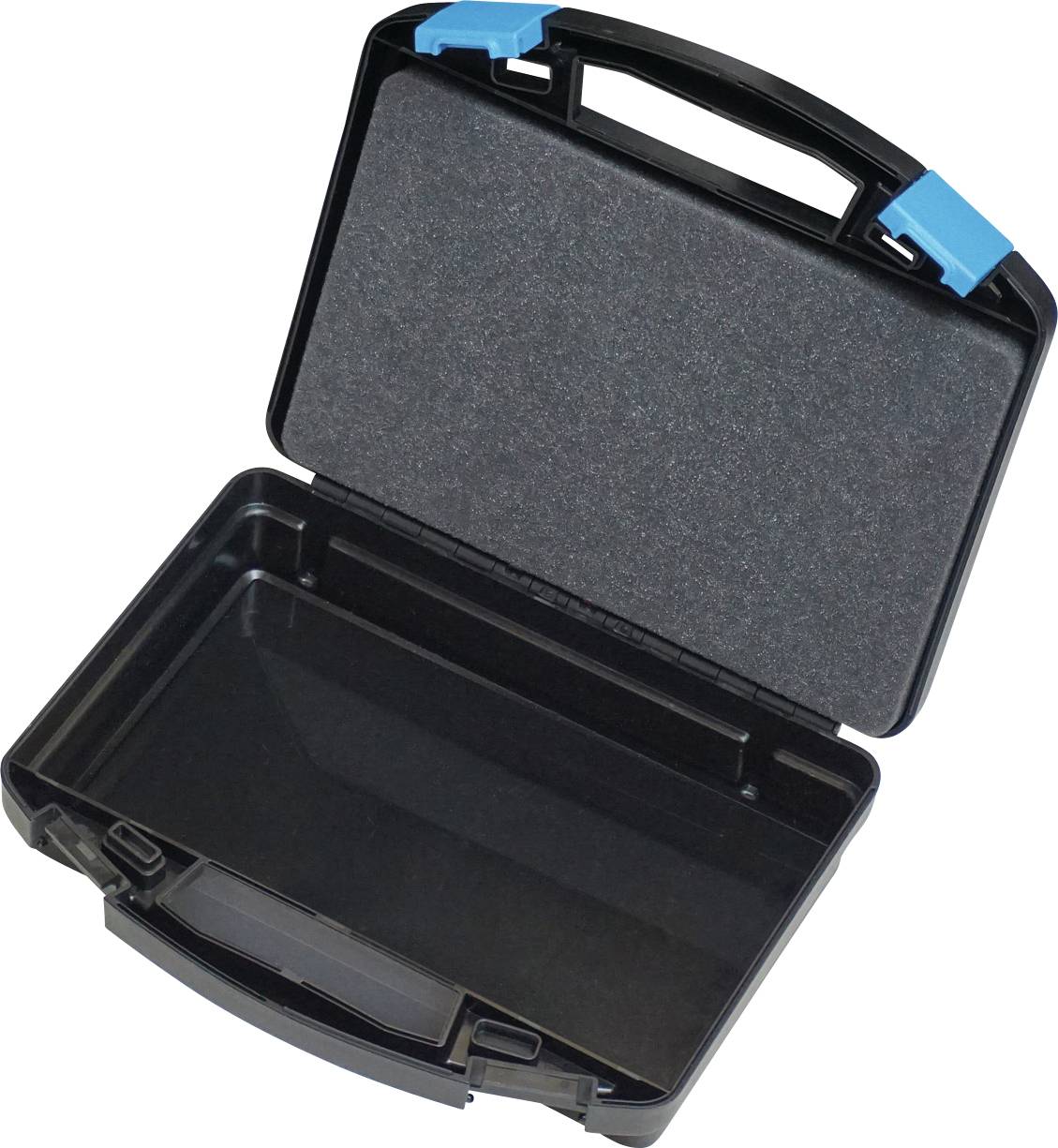 Otvorena crna plastična torba za nošenje s plavim zasurama i unutrašnjošću obloženom pjenom, dizajnirana za sigurno skladištenje i prijevoz predmeta.