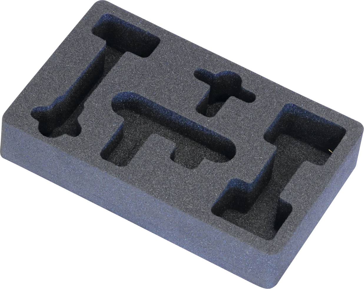 Crna pjena s izrezima oblikovana prema alatima, dizajnirana da sigurno drži i organizira predmete u kutiji za alate ili prijenosnoj torbi.