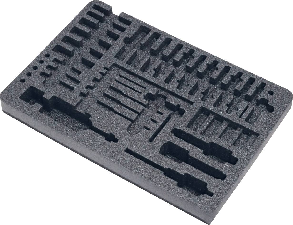Pjenasti umetak s prilagođeno rezanim odjeljcima dizajniran za sigurno držanje i organizaciju različitih alata i dodataka.