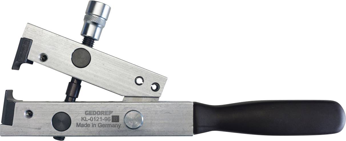 Metalni alat s crnom ručkom dizajniran za stezanje ili rezanje, opremljen regulacijskim mehanizmom sa vijkom. Označen brendom 'Gedore'.