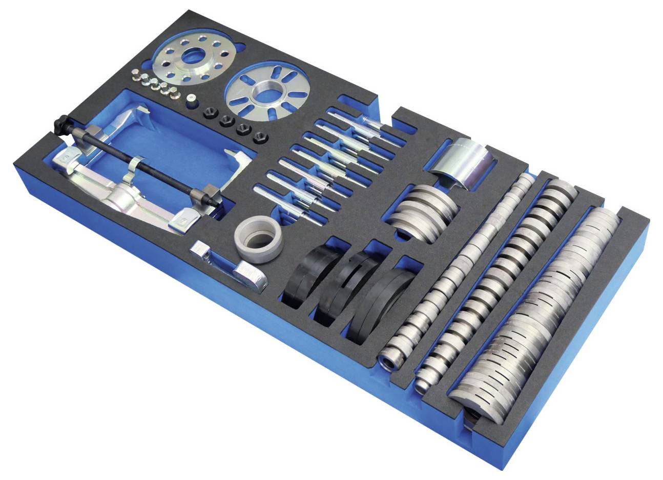 Plava poslužavna pladanj koja sadrži organizirane alate za popravak automobila, kao što su razmaknici, šipke i kotači, urednije raspoređene za lak pristup.