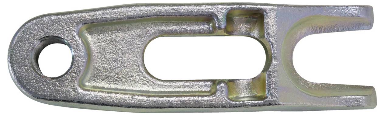 Aluminijska razdelnica (vilica) sa kružnom rupom, korištena u mehaničkim aplikacijama, prikazana na bijeloj pozadini.