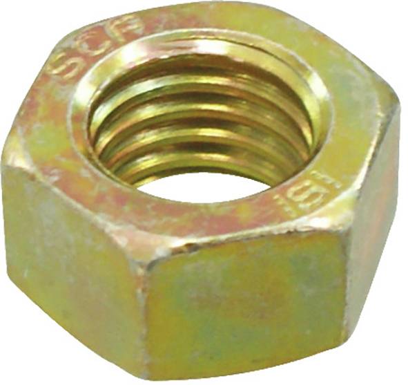 Metalni šesterokutni matica sa navojnom rupom, korištena za pričvršćivanje na vijak. Zlatni metalni završetak.