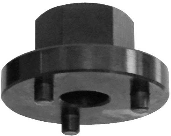 Šesterokutni metalni alat s kružnom bazom i dva isturena čapa, vjerojatno korišten za fiksiranje ili podešavanje strojnih ili automobilskih dijelova.