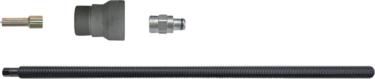 Komponente kompleta mehaničkog vuča nalagani vodoravno, sa dugom navojnom šipkom, velikom kapom i dva manja pričvršćivanja.