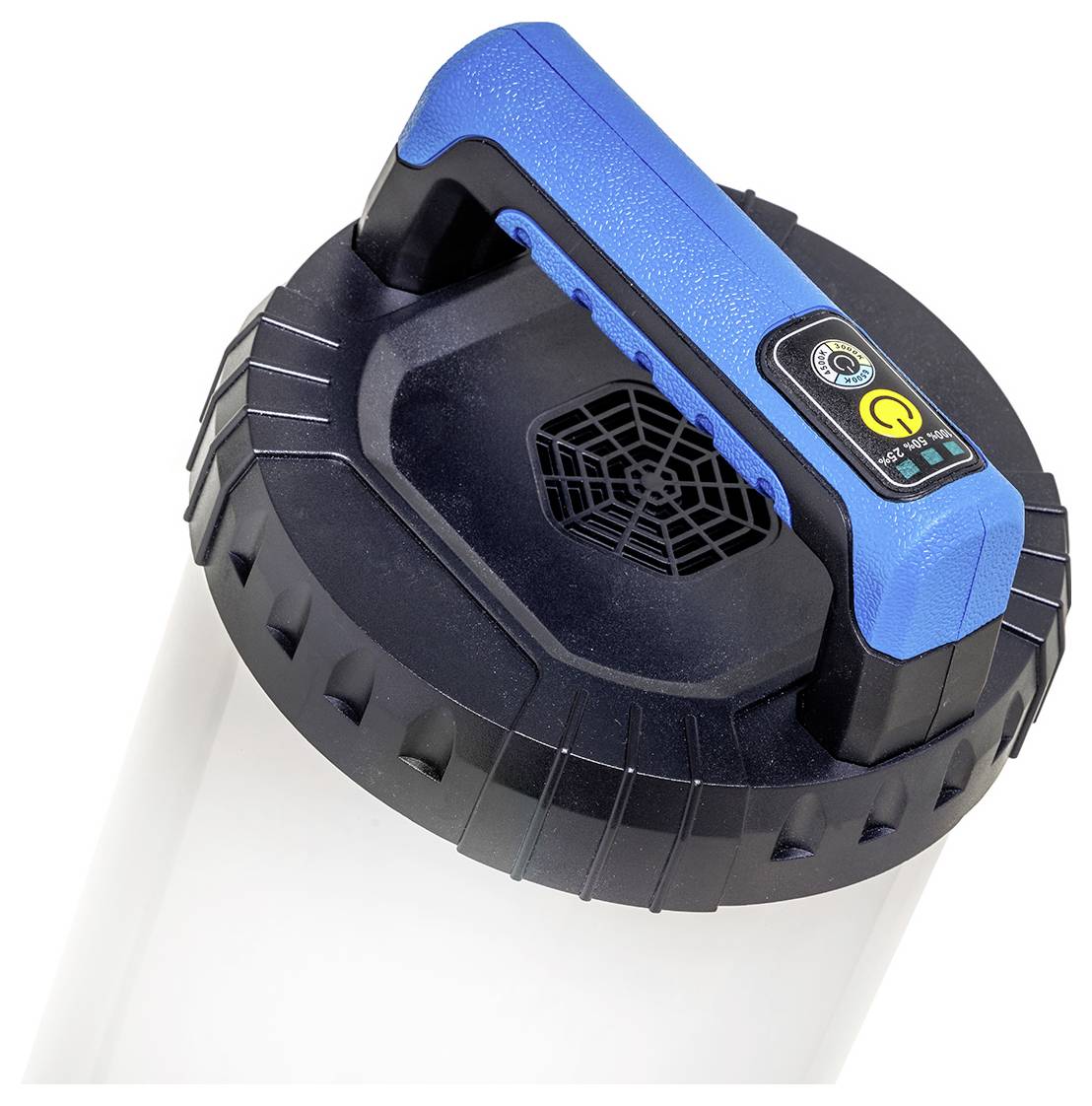 'Detaljni prikaz cilindričnog sredstva za čišćenje s plavom i crnom ručkom s elektroničkim kontrolama na vrhu.'